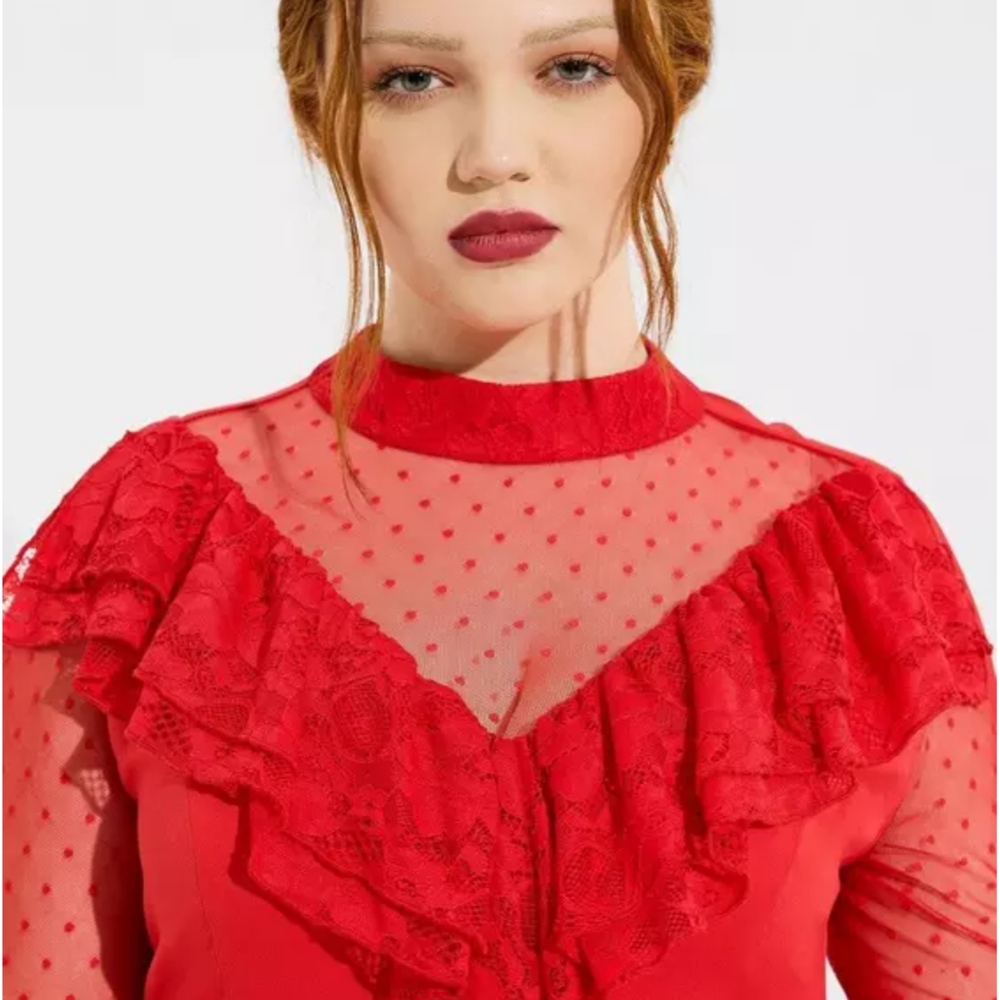 Beetlejuice Lydia Stretch Challis Red Mesh Tiered Dress - Picture 3 of 6